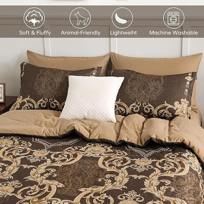 Mybedsoul Coffee Queen Comforter Set, 7 Pieces Boho Bed in a Bag for Queen Bed, Damask Comforter with Sheets Pillowcases, Soft Microfiber Lightweight Bedding Sets for All Season(90"x90")
