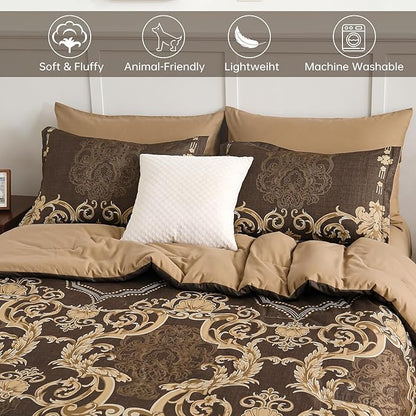 Mybedsoul Coffee Queen Comforter Set, 7 Pieces Boho Bed in a Bag for Queen Bed, Damask Comforter with Sheets Pillowcases, Soft Microfiber Lightweight Bedding Sets for All Season(90"x90")