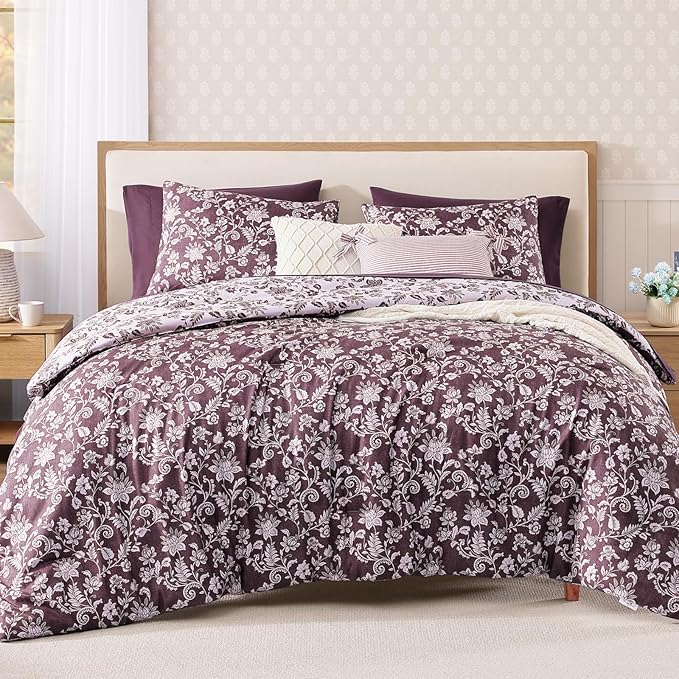 Queen Comforter Set -7 Pieces Floral Dark Purple Comforter Set for All Seasons, Bed in a Bag Queen with Botanical Flowers Comforter, Sheets, Pillowcases & Shams