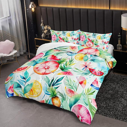 Tropical Fruit Comforter Set 3 Pcs Bedding Set Queen Size for Girls,Summer Plant Leaf Watermelon Pineapple Printed Beddind Set Quilts Set Lightweight Soft Microfiber Warm All Season With 2 pillowcases