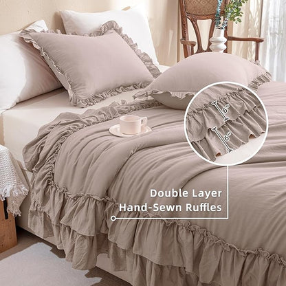 QSH Ruffled Comforter Set Queen Size, 3pcs Taupe Shabby Boho Chic Bedding Comforter Sets, Ultra Soft Farmhouse Lightweight Microfiber Inner Fill Bed Comforter Set