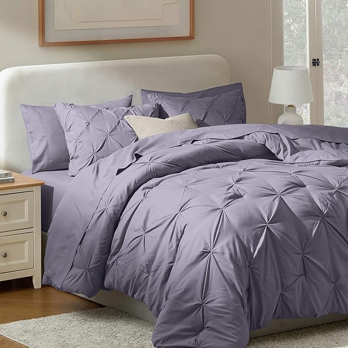 Nestl 7 Piece Comforter Set - Pinch Pleated Bedding Set All Season Full Grayish Purple, Full Size Bed Set with Sheets, Comforter, Pillowcases and Shams