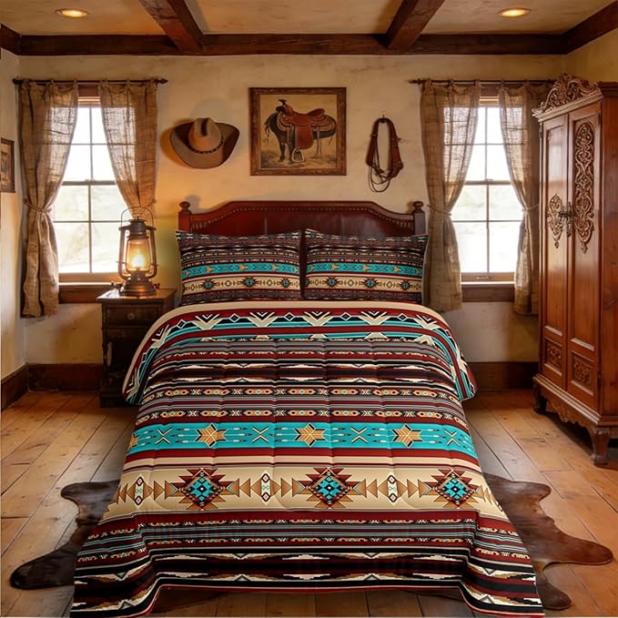 Aztec Quilt Ethnic Tribal Arrow Comforter Set,Vintage Southwestern Native Bohemian Bedding Set Twin,Western Star Duvet Insert Exotic Geometric Diamond Stripes Room Decor,Burnt Sienna Brown