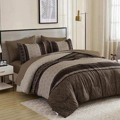 Cottolester Boho Comforter Set Full Size,Light Brown Striped Bed in a Bag,Plaid Comforter and Sheet Set,Soft Microfiber Complete Bedding Sets