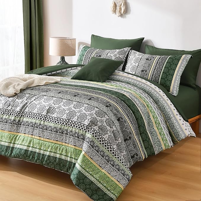 Cottolester Boho Comforter Set King Size,8 Pieces Dark Green Bohemian Striped Bed in a Bag,Paisley Soft Microfiber Bedding Comforter Set