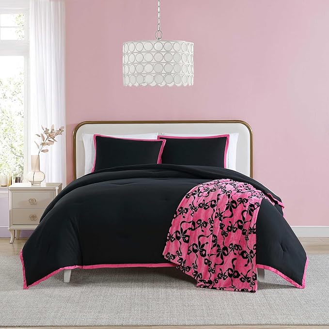 Betsey Johnson - King Comforter Set, Super Soft Bedding with Matching Shams, Bonus Throw Included, Chic Bedding Essentials (Signature Hotel Solid Black, King)