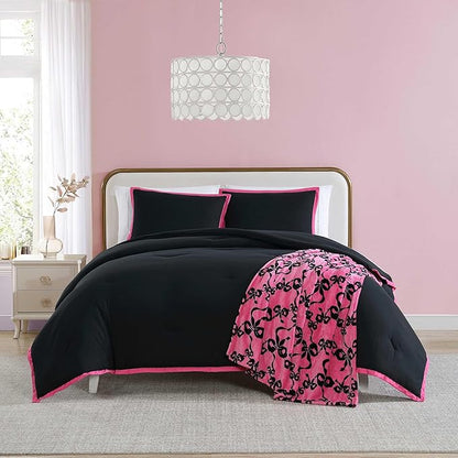 Betsey Johnson - King Comforter Set, Super Soft Bedding with Matching Shams, Bonus Throw Included, Chic Bedding Essentials (Signature Hotel Solid Black, King)