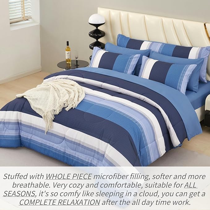 RYNGHIPY Navy Blue Comforter Set Queen Size: 8 Pieces Bedding Set Colorblock Stripe Lightweight Soft All Season Comforter Sets with Sheets Pillowcases (Queen,Navy)