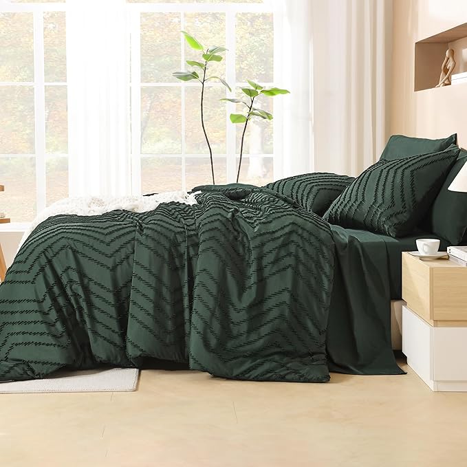 Litanika Forest Green California King Size Comforter Set with Sheets - 7 Pieces Bed in a Bag King Boho Tufted Complete Beddding Sets with Comforter, Sheets, Pillowcases & Shams