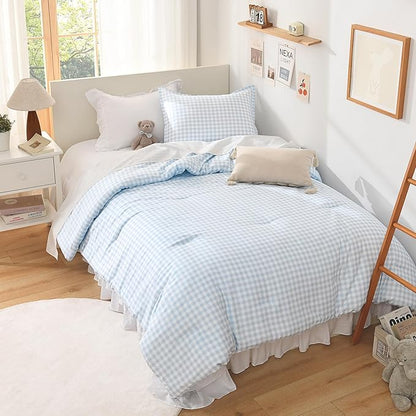 Andency Light Blue Gingham Comforter Set Queen(90x90Inch), Checkered Grid Plaid Buffalo Bed Set for Girls Boys Kids Teens, 3 Pieces Lightweight Microfiber Geometric Preppy Bedding