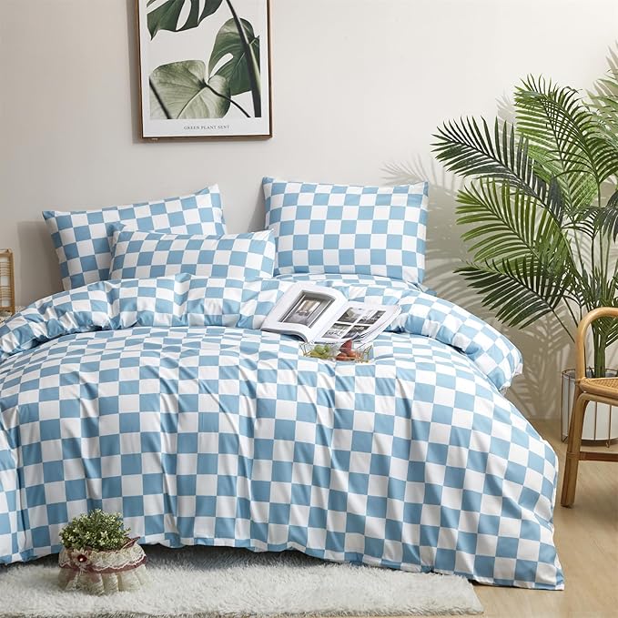karever Blue White Grid Comforter Set King Blue Plaid Bedding Set Women Blue and White Checkered Bed Comforter Set Breathable Blanket Set Men Durable Bedding Comforter Set,King(104''* 90'')