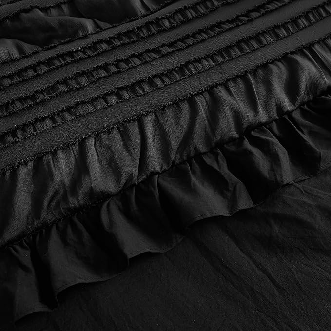 WONGS BEDDING Comforter Full Size, Black Ruffle Comforter for Dorm Room Essentials for Full Bed, Soft Seersucker Textured Bedding Set Full Size Comforter Sets for Girls 90"×78"