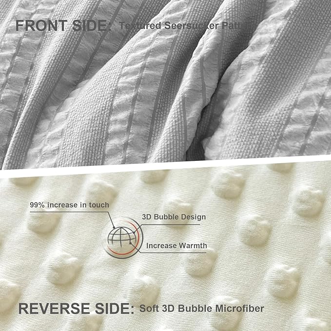 Boho Comforter Set Queen Size Striped Pleats Bohemian Seersucker Bedding Set All Season Soft Cozy 3 Pieces Quilt with 2 Pillowcases(90"X90" Grey)