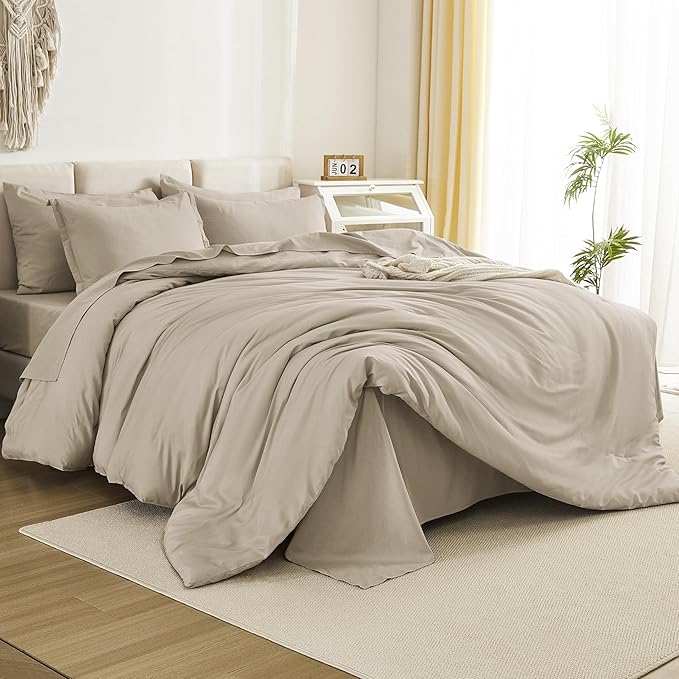 Litanika Comforter Full Size Sets Oatmeal - 7 Pieces Bed in a Bag Full Bedding Comforter Sets, Plain Lightweight Bed Set with Comforter, Sheets, Pillowcases & Shams