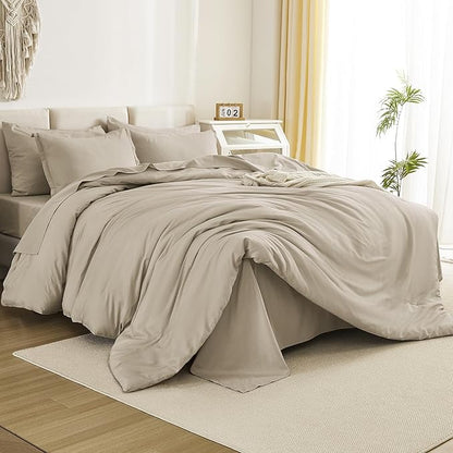 Litanika Comforters Queen Size Set Oatmeal - 7 Pieces Bed in a Bag Queen Bedding Comforter Sets, Plain Lightweight Bed Set with Comforter, Sheets, Pillowcases & Shams