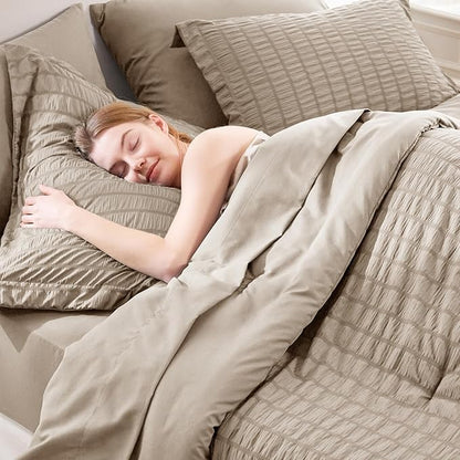 CozyLux Full Size Comforter Sets with Sheets Seersucker 7 Pieces Khaki Bed in a Bag Textured Luxury Soft Bedding Set with Down Alternative Comforter, Sheets, Pillowcases & Shams for All Seasons