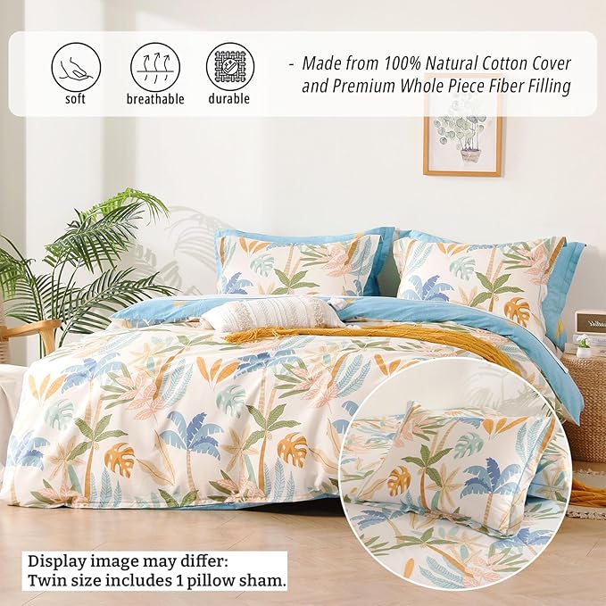 Tropical Coastal Blue Cotton Comforter Twin Size 2Pcs - Bright Orange, Olive Green & Beige Palm and Leaf Patterns, Botanical Lightweight Reversible Bedding Sets with Soft Fill(68"×90")