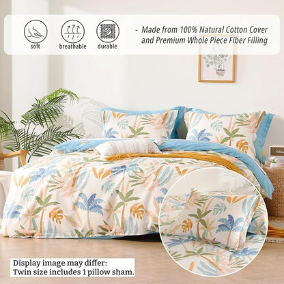 Tropical Coastal Blue Cotton Comforter Twin Size 2Pcs - Bright Orange, Olive Green & Beige Palm and Leaf Patterns, Botanical Lightweight Reversible Bedding Sets with Soft Fill(68"×90")