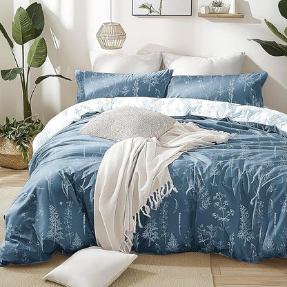 Love's cabin Bluish Grey Full Comforter Set - Full Size Comforter Set, 3 Pieces Cute Floral Bedding Sets for All Seasons,1 Soft Reversible Botanical Flowers Comforter and 2 Pillow Shams