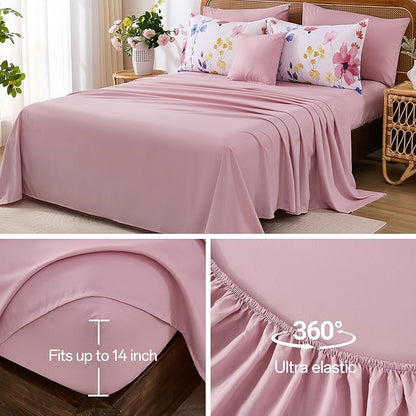 Annibedding Pink Floral Queen Comforter Set, 8 Piece Soft Microfiber Flower Bed in a Bag Bedding Set with Pillowcase and Sheets for All Season (90"x90")