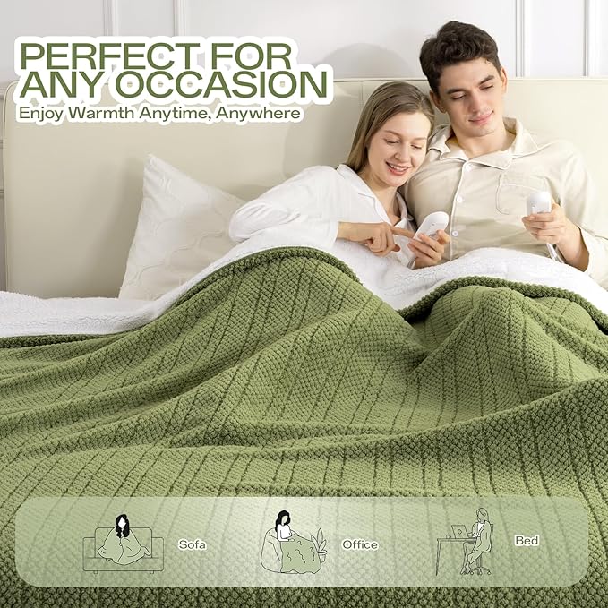 Queen Size Heated Electric Blanket, 84" x 90" Fast Heating Sherpa Blanket with Dual Control, 8 Heating Levels & 10 Hours Auto Off, Machine Washable with ETL & FCC Certified, Green