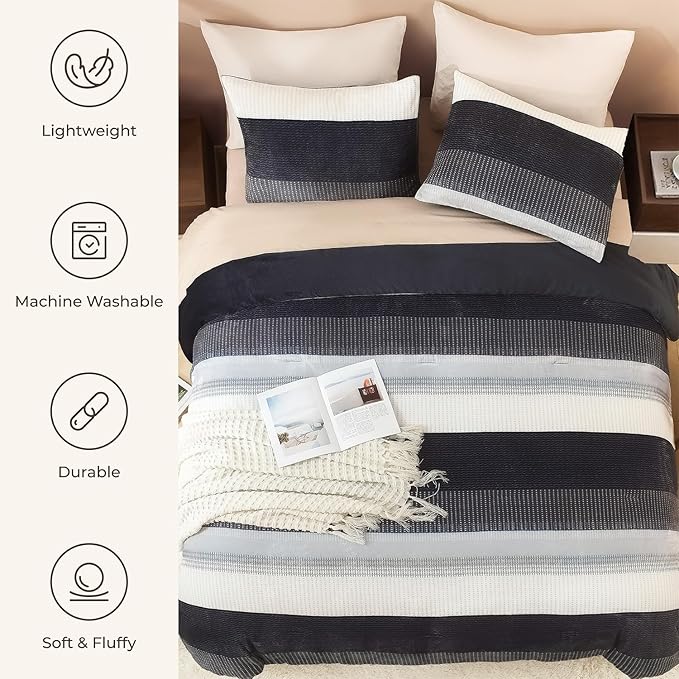 Litanika Fluffy Fleece King Size Comforter Set, Luxury Soft Plush Fuzzy Black Blue Stripe Bedding Comforter Sets, Warm Shaggy Faux Fur Bed Set All Season (1 Comforter, 2 Pillowcases)