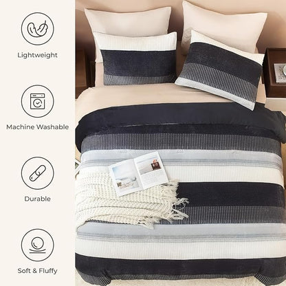 Litanika Fluffy Fleece Full Size Comforter Set, Luxury Soft Plush Fuzzy Black Blue Stripe Bedding Comforter Sets, Warm Shaggy Faux Fur Bed Set All Season (1 Comforter, 2 Pillowcases)