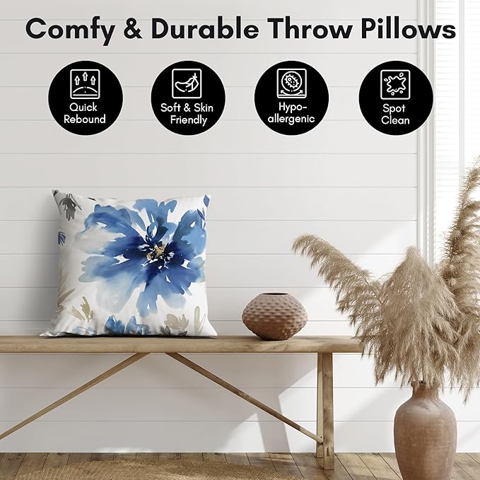 Americanflat 18x18 Throw Pillow with Sewn-in Insert - All-in-One Decorative Pillows - No Cover Needed - Soft and Durable Cushion for Bed or Sofa - Polyester - White and Indigo