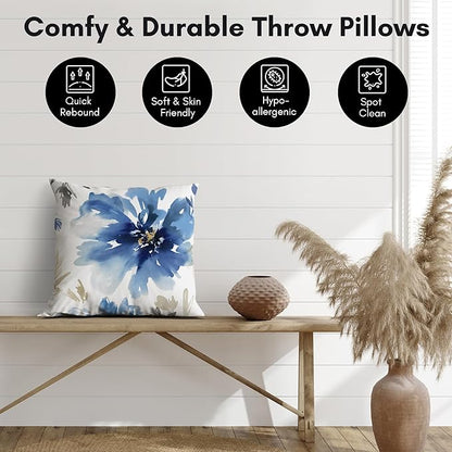 Americanflat 18x18 Throw Pillow with Sewn-in Insert - All-in-One Decorative Pillows - No Cover Needed - Soft and Durable Cushion for Bed or Sofa - Polyester - White and Indigo