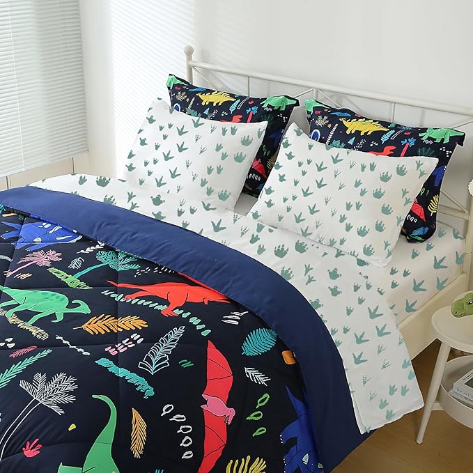 Dinosaur Comforter Set Twin for Kids Boys Teens 7 Piece Bed in a Bag Cartoon Colorful Dino 3D Print Bedding Set with Sheet