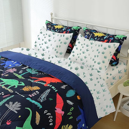 Dinosaur Comforter Set Twin for Kids Boys Teens 7 Piece Bed in a Bag Cartoon Colorful Dino 3D Print Bedding Set with Sheet