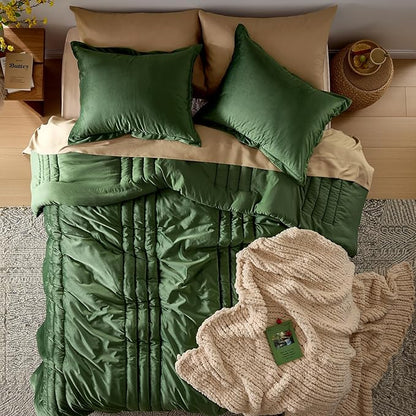 MUSSEL Olive Green Queen Comforter Set 3 Pieces,Luxury Lightweight Fluffy All Season Cozy Velvet Bedding Comforter Sets,Neutral Striped Bedroom Comforter with 2 Shams
