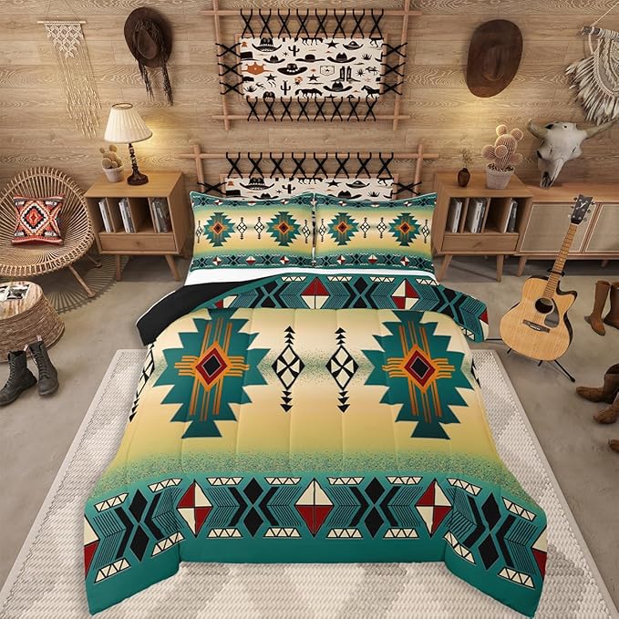 Erosebridal Boys Western Aztec Bedding Set Queen Size, Native Tribal Ethnic Comforter Set Farmhouse Boho Geometric Duvet Insert Southwestern Ethnic American Native Quilt for Adult Men,Green Yellow