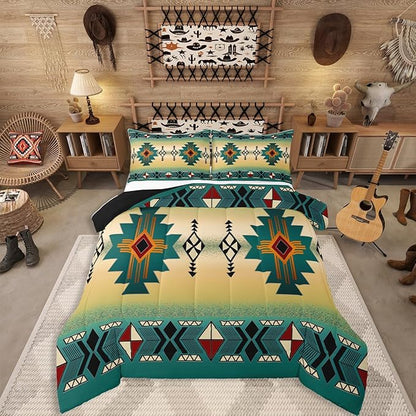 Erosebridal Boys Western Aztec Bedding Set Queen Size, Native Tribal Ethnic Comforter Set Farmhouse Boho Geometric Duvet Insert Southwestern Ethnic American Native Quilt for Adult Men,Green Yellow