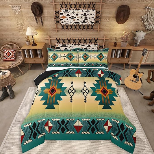 Erosebridal Boys Western Aztec Bedding Set Queen Size, Native Tribal Ethnic Comforter Set Farmhouse Boho Geometric Duvet Insert Southwestern Ethnic American Native Quilt for Adult Men,Green Yellow