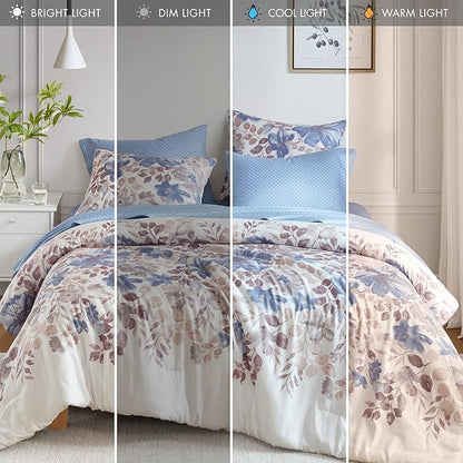 Madison Park Essentials Comforter Set with Sheets, Floral Bed in A Bag Microfiber Comforter, Shabby Chic King Bedding Set Diamond Printed Sheet, Luna, King, Blue 7 Piece