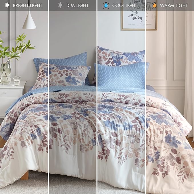 Madison Park Essentials Full Comforter Set with Sheets, Floral Bed in A Bag Microfiber Comforter for Full-Size Bed, Shabby Chic Full Bedding Set Diamond Printed Sheet, Luna, Full, Blue 7 Piece