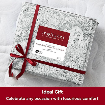 Mellanni Extra Deep Queen Sheets - 4 PC Iconic Collection Bedding - Hotel Luxury, Ultra Soft, Cooling Bed Sheets - Wrinkle, Fade, Stain Resistant (Queen, Paisley Gray)
