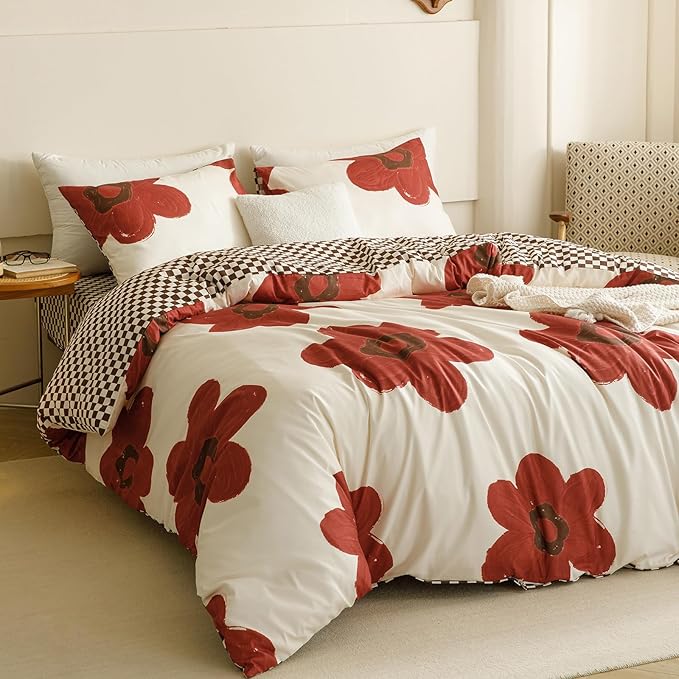 CLOTHKNOW Rust Sunflower Queen Comforter Set 3Pcs Floral Bedding Comforter Sets Brown Plaid Queen Comforter Botanical Queen Size Comforter Sets