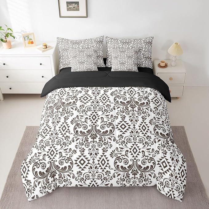 Comforter Set Queen Size, Terra Brown Damask Aztec 7 Pcs Bedding for Kids Adults, Antique Decor Western Baroque Gothic Bed Sheet Sets with Fitted Sheet 2 Pillowcases & 2 Shams for Bedroom Bed Decor
