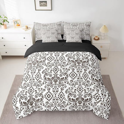 Comforter Set Queen Size, Terra Brown Damask Aztec 7 Pcs Bedding for Kids Adults, Antique Decor Western Baroque Gothic Bed Sheet Sets with Fitted Sheet 2 Pillowcases & 2 Shams for Bedroom Bed Decor