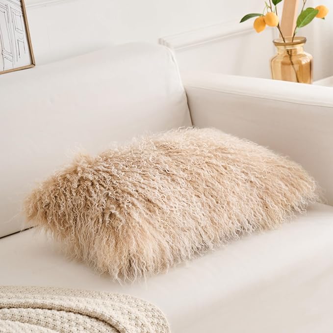 Genuine Mongolian Lamb Fur Pillow Cover – 12"x20" Rectangular Cushion Case – Soft Curly Wool Decorative Accent for Sofa, Bed, or Chair (Frosted Beige)
