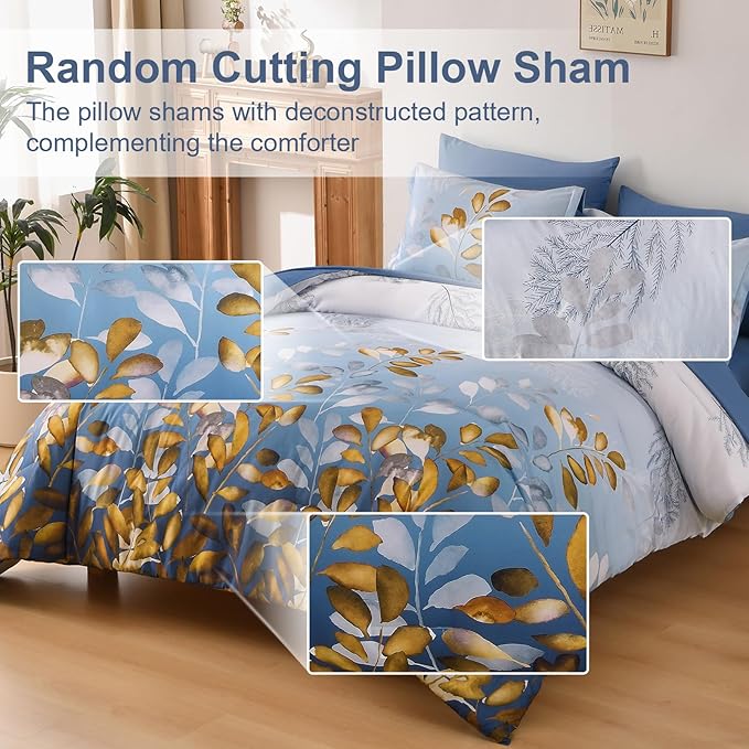 Anibedding 7 Pieces King Size Comforter Set, Blue Gold Botanical Gradient Leaves Ultra Soft Microfiber Down Alternative Bedding Set with Sheets and Pillowcase for All Season