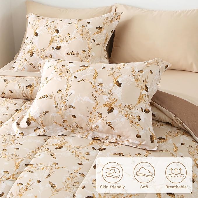 Floral Queen Comforter Set with Sheets, 7 Piece Luxury Vintage Bedding, Soft Microfiber Bed in a Bag, Cozy Lightweight Bed Set, Beige Flower Botanical