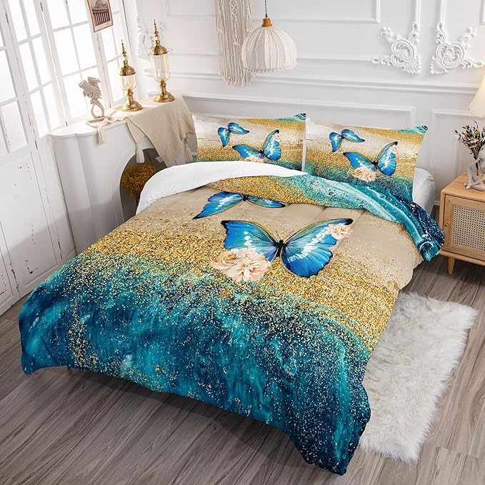 HOSIMA Butterfly Comforter Set for Girls with 2 Pillow Sham,Blue Butterfly Floral Comforter Twin Size for Girls Kids Women Bedroom Decor,Golden Vintage Pattern Bedding Set,Twin Comforter.