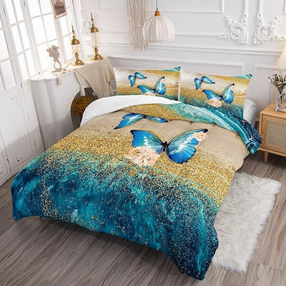 HOSIMA Butterfly Comforter Set for Girls with 2 Pillow Sham,Blue Butterfly Floral Comforter Twin Size for Girls Kids Women Bedroom Decor,Golden Vintage Pattern Bedding Set,Twin Comforter.