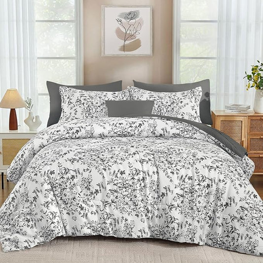 WONGS BEDDING King Size Comforter Set, 8 Pieces Grey Floral Bed in a Bag Comforter Sets, Botanical Print Soft Fluffy Microfiber Complete Bedding Sets for All Season (90"x104")