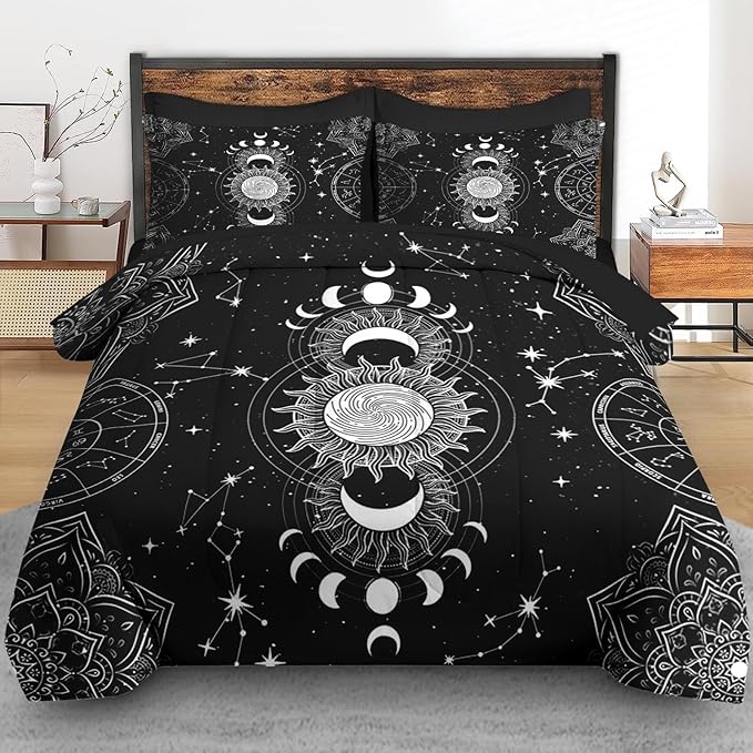 Comforter Set Twin Size, Sun Moon Tarot Vintage 5 Pcs Bedding for Kids and Adults, Boho Bohemian Retro Bed Sheet Sets with Fitted Sheet Pillowcase & Sham for Bedroom Bed Decor
