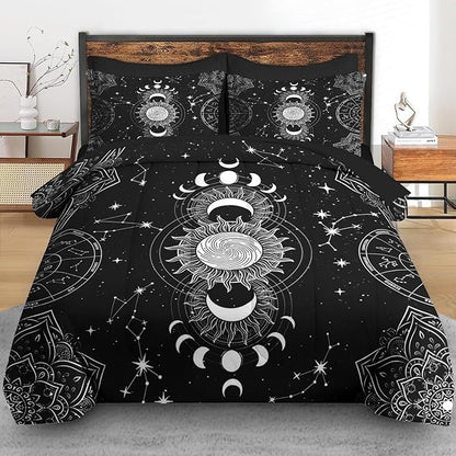 Comforter Set Queen Size, Sun Moon Tarot Vintage 7 Pcs Bedding for Kids and Adults, Boho Bohemian Retro Bed Sheet Sets with Fitted Sheet 2 Pillowcases & 2 Shams for Bedroom Bed Decor