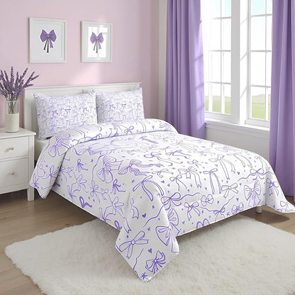 Purple Bowknots Comforter Set Queen Size,Cartoon Hand Drawn Stars Love Bow Bedding Set,Kawaii Princess Style Quilt Set for Kids Girls Women Teens Room Decor,Romantic Duvet Insert,2 Pillowcases